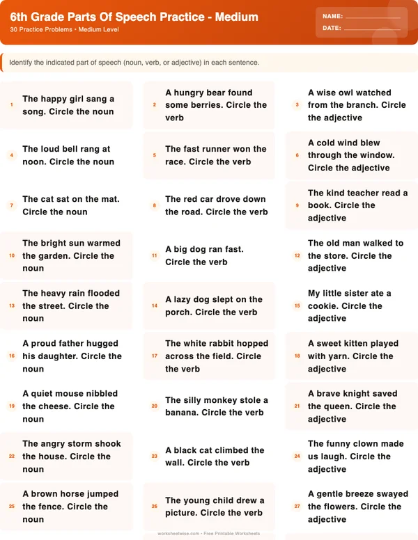 6th Grade Parts of Speech Worksheets - Halloween Theme (Medium)