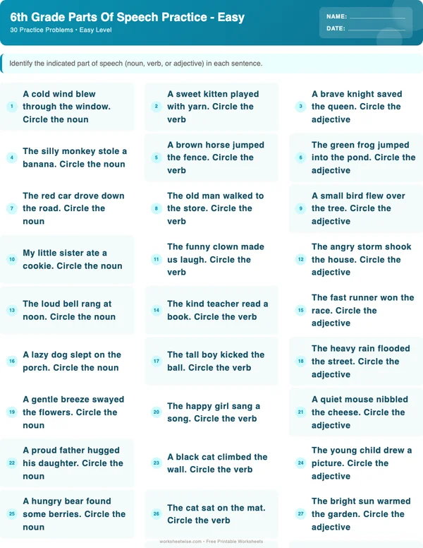 6th Grade Parts of Speech Worksheets - Ocean Theme (Easy)