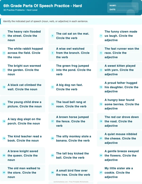 6th Grade Parts of Speech Worksheets - Ocean Theme (Hard)