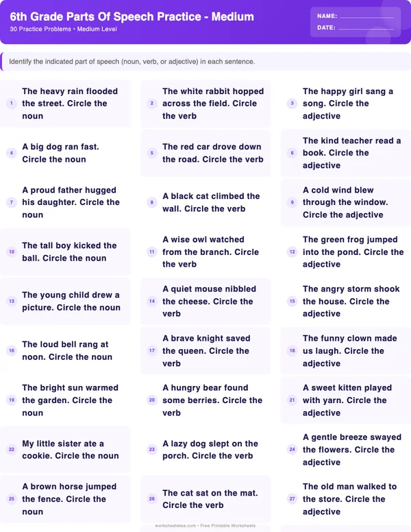 6th Grade Parts of Speech Worksheets - Space Theme (Medium)