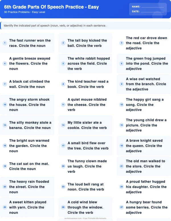 6th Grade Parts of Speech Worksheets - Standard Theme (Easy)