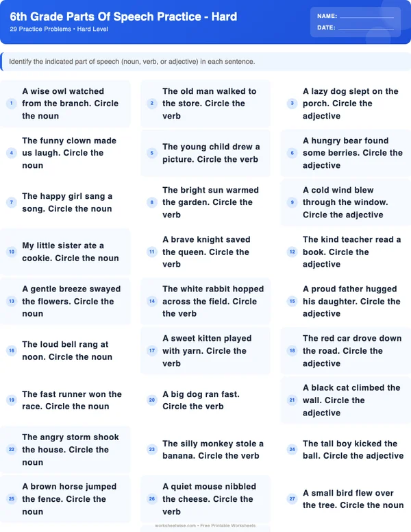 6th Grade Parts of Speech Worksheets - Standard Theme (Hard)