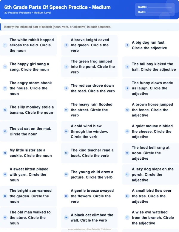 6th Grade Parts of Speech Worksheets - Standard Theme (Medium)