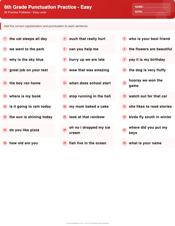 6th Grade Punctuation Worksheets - Christmas Theme (Easy)