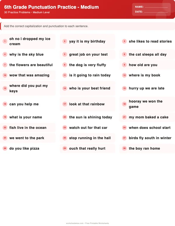 6th Grade Punctuation Worksheets - Christmas Theme (Medium)