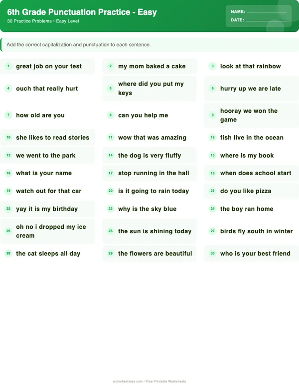 6th Grade Punctuation Worksheets - Dinosaur Theme (Easy)