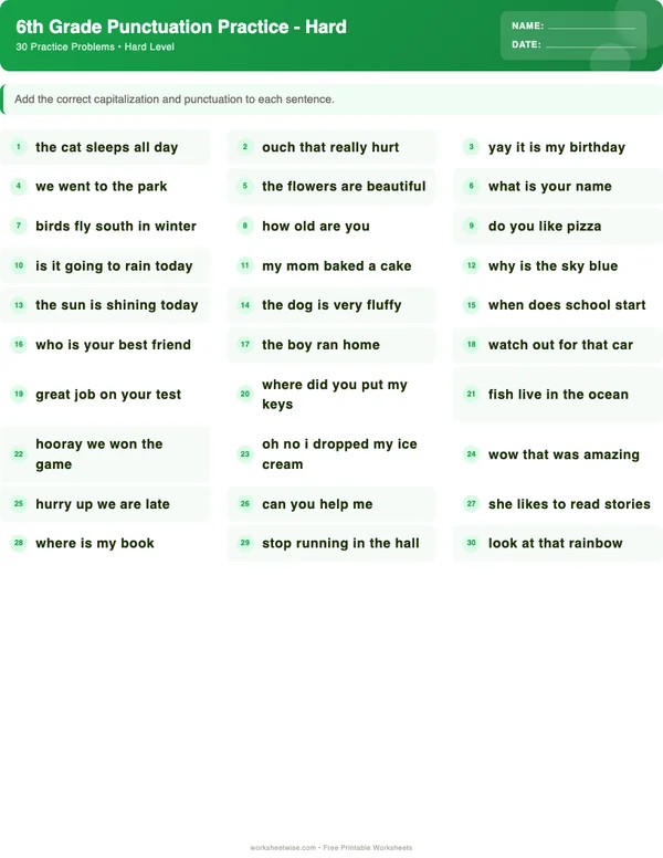 6th Grade Punctuation Worksheets - Dinosaur Theme (Hard)