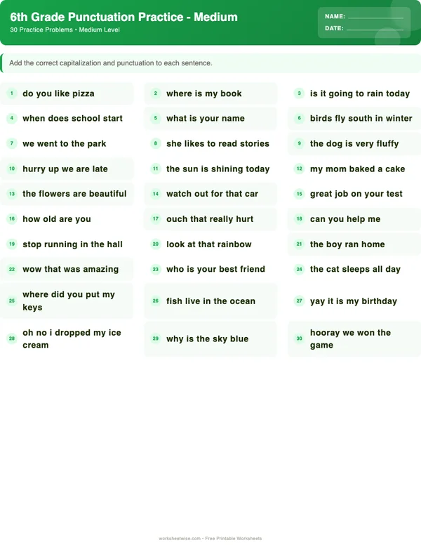 6th Grade Punctuation Worksheets - Dinosaur Theme (Medium)