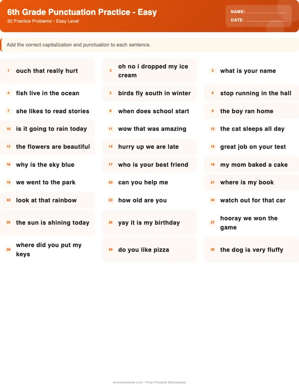 6th Grade Punctuation Worksheets - Halloween Theme (Easy)