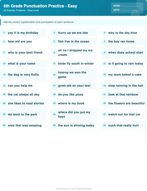 6th Grade Punctuation Worksheets - Ocean Theme (Easy)