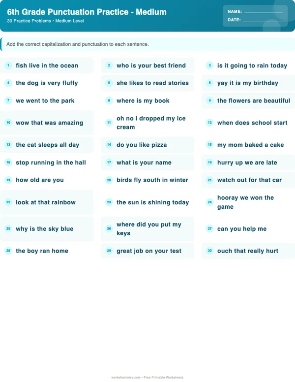 6th Grade Punctuation Worksheets - Ocean Theme (Medium)