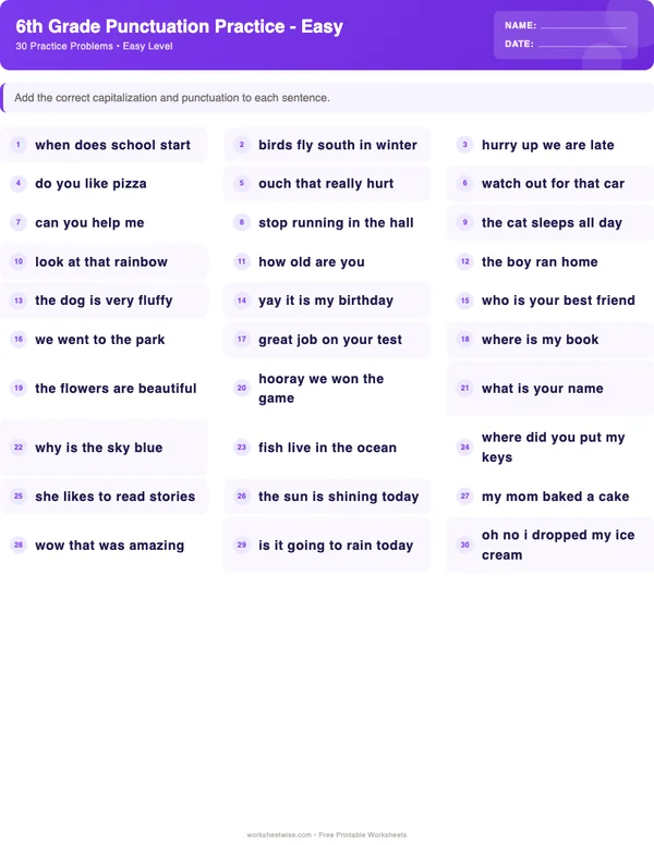 6th Grade Punctuation Worksheets - Space Theme (Easy)