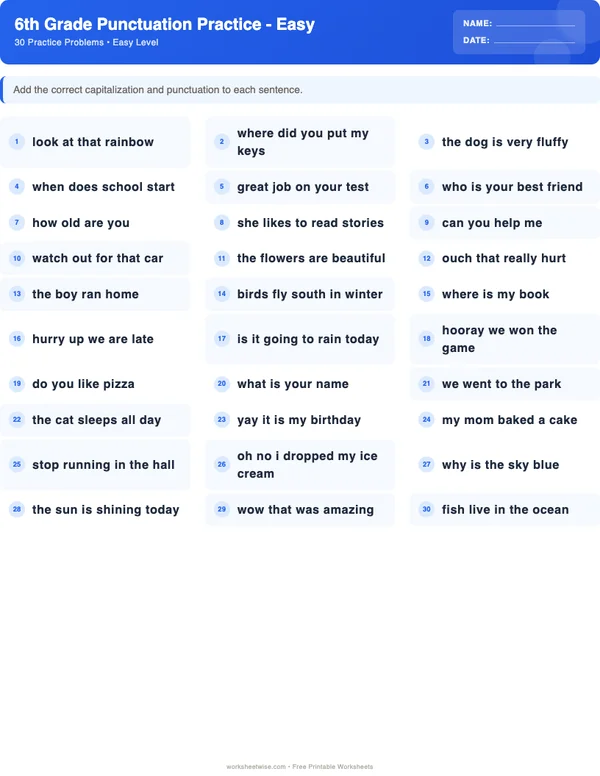 6th Grade Punctuation Worksheets - Standard Theme (Easy)