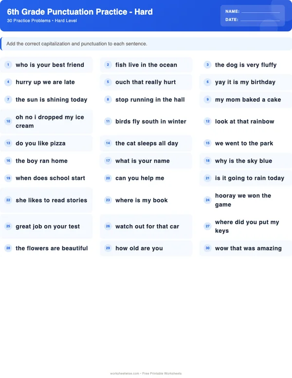 6th Grade Punctuation Worksheets - Standard Theme (Hard)