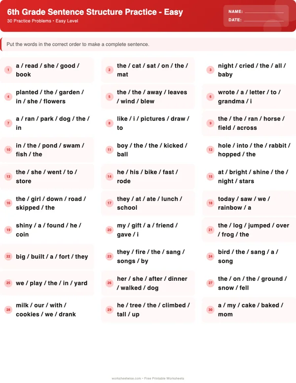 6th Grade Sentence Structure Worksheets - Christmas Theme (Easy)