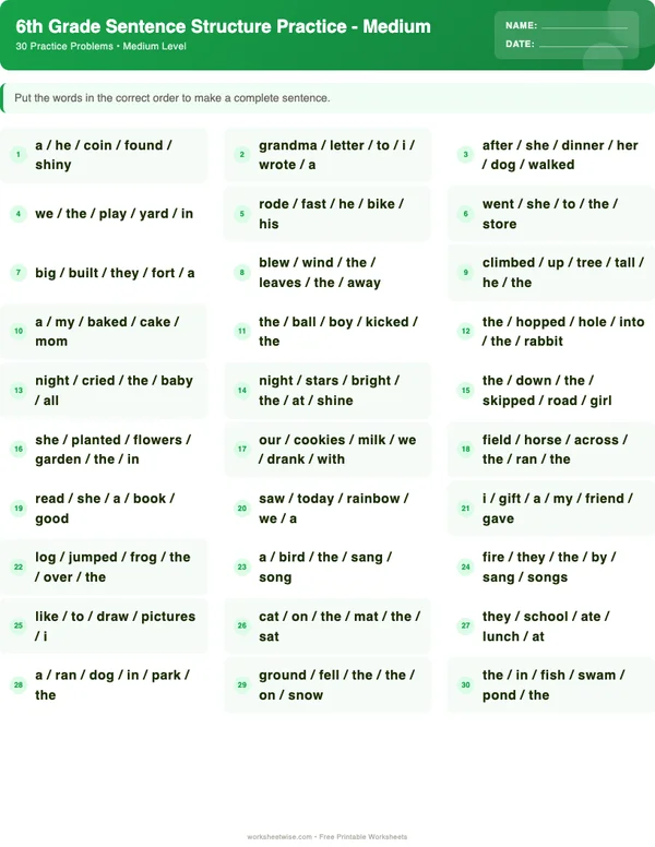 6th Grade Sentence Structure Worksheets - Dinosaur Theme (Medium)