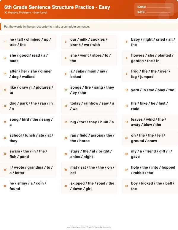 6th Grade Sentence Structure Worksheets - Halloween Theme (Easy)