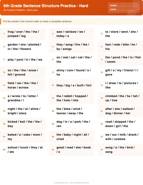 6th Grade Sentence Structure Worksheets - Halloween Theme (Hard)