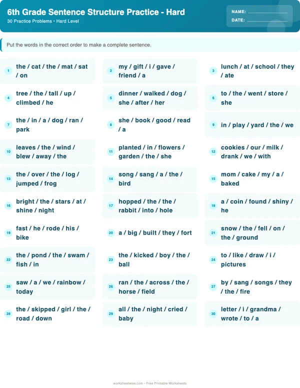 6th Grade Sentence Structure Worksheets - Ocean Theme (Hard)