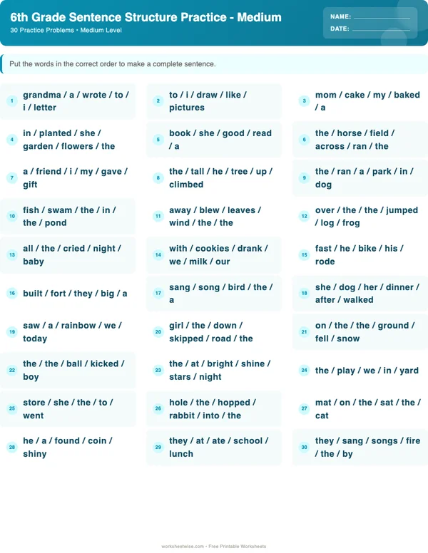 6th Grade Sentence Structure Worksheets - Ocean Theme (Medium)