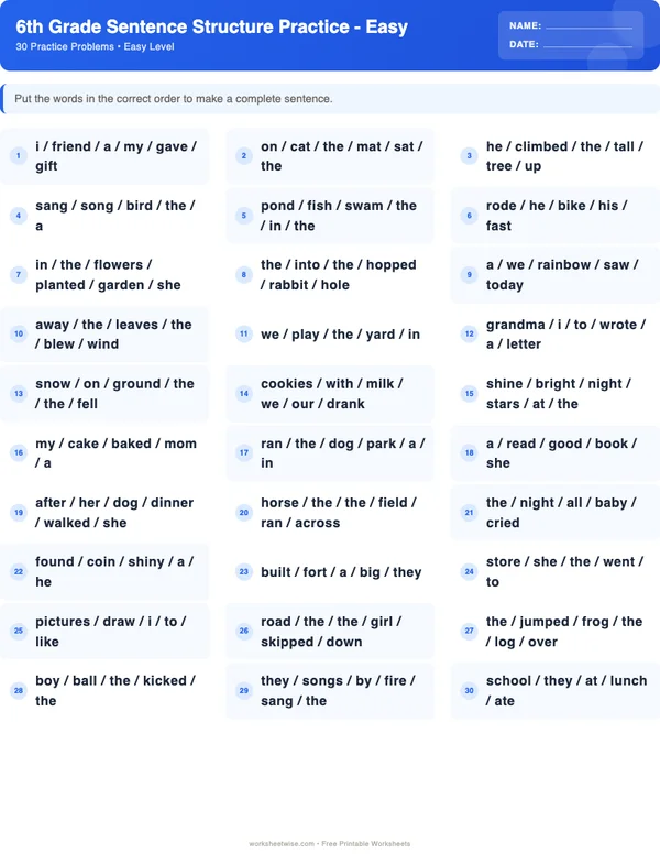 6th Grade Sentence Structure Worksheets - Standard Theme (Easy)