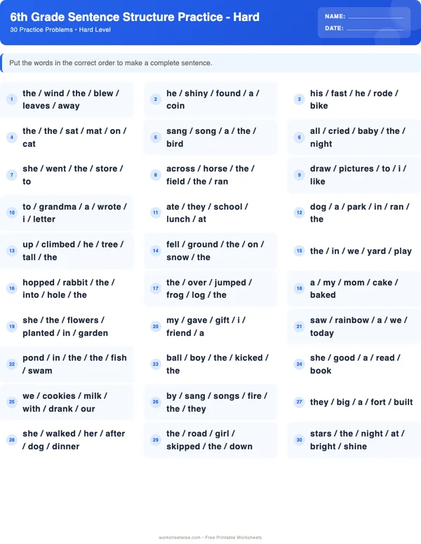 6th Grade Sentence Structure Worksheets - Standard Theme (Hard)