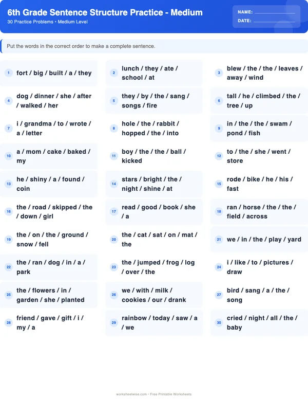 6th Grade Sentence Structure Worksheets - Standard Theme (Medium)