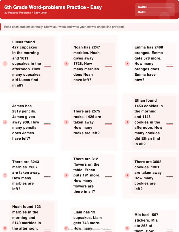 6th Grade Word Problems Worksheets - Christmas Theme (Easy)
