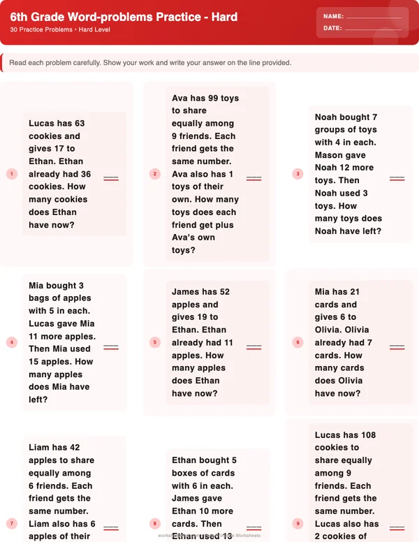 6th Grade Word Problems Worksheets - Christmas Theme (Hard)