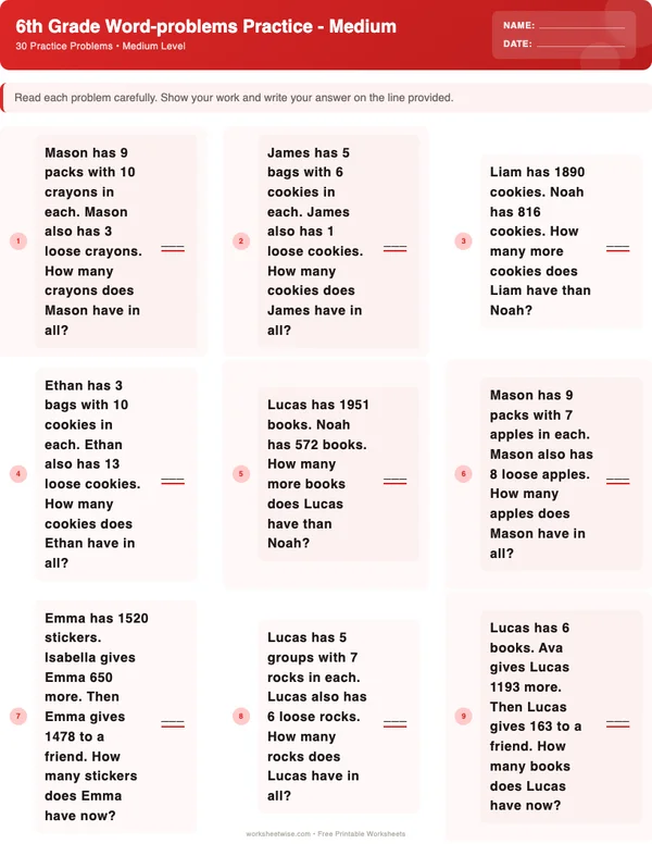 6th Grade Word Problems Worksheets - Christmas Theme (Medium)