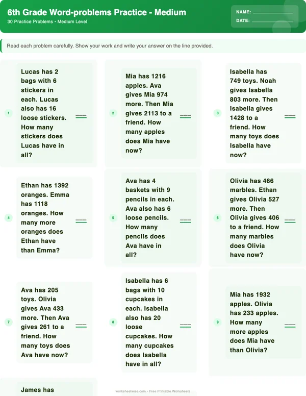6th Grade Word Problems Worksheets - Dinosaur Theme (Medium)