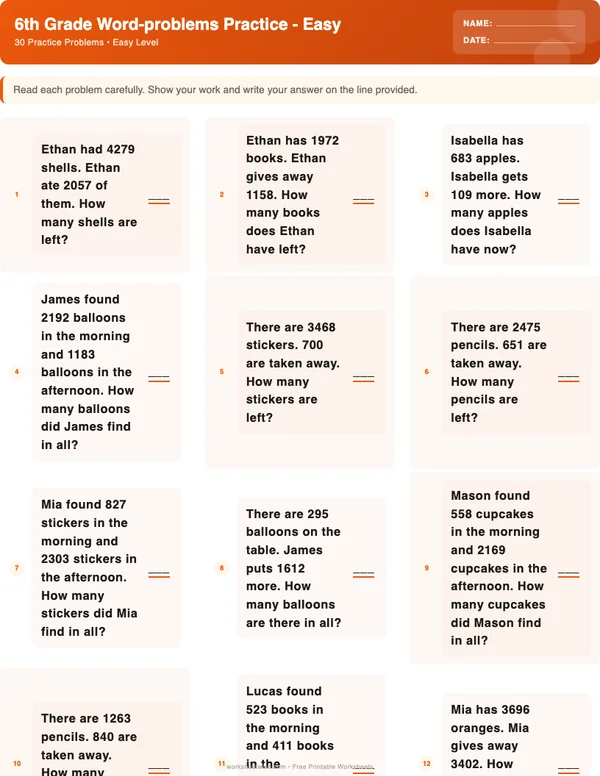 6th Grade Word Problems Worksheets - Halloween Theme (Easy)