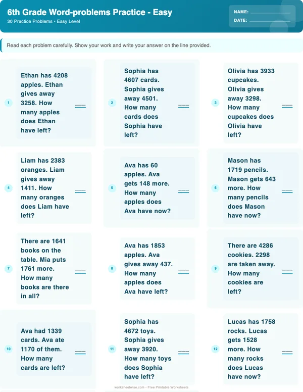 6th Grade Word Problems Worksheets - Ocean Theme (Easy)