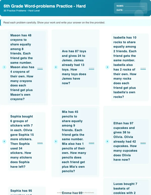 6th Grade Word Problems Worksheets - Ocean Theme (Hard)