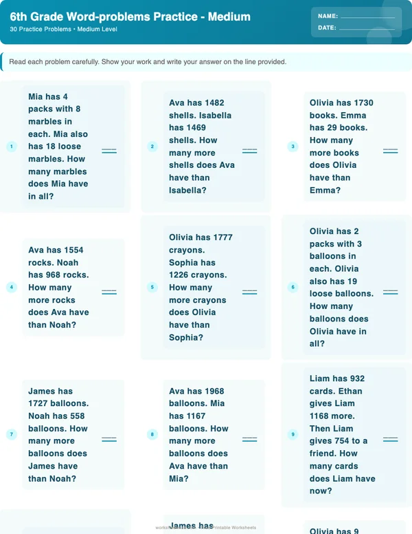 6th Grade Word Problems Worksheets - Ocean Theme (Medium)