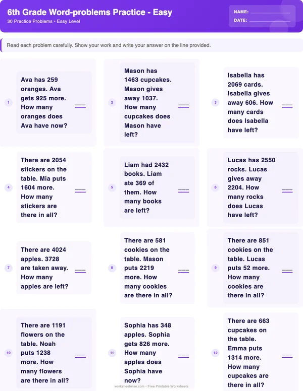 6th Grade Word Problems Worksheets - Space Theme (Easy)