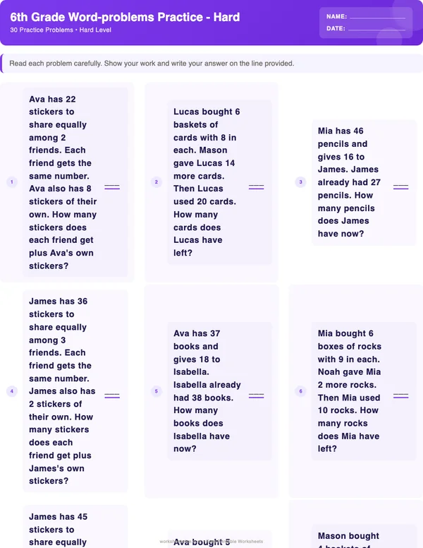 6th Grade Word Problems Worksheets - Space Theme (Hard)