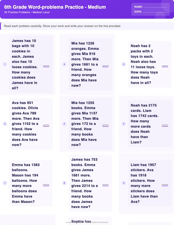 6th Grade Word Problems Worksheets - Space Theme (Medium)