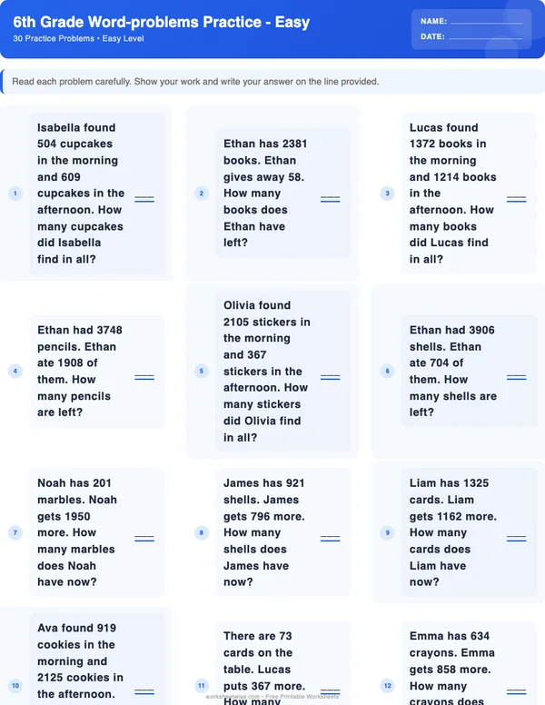 6th Grade Word Problems Worksheets - Standard Theme (Easy)