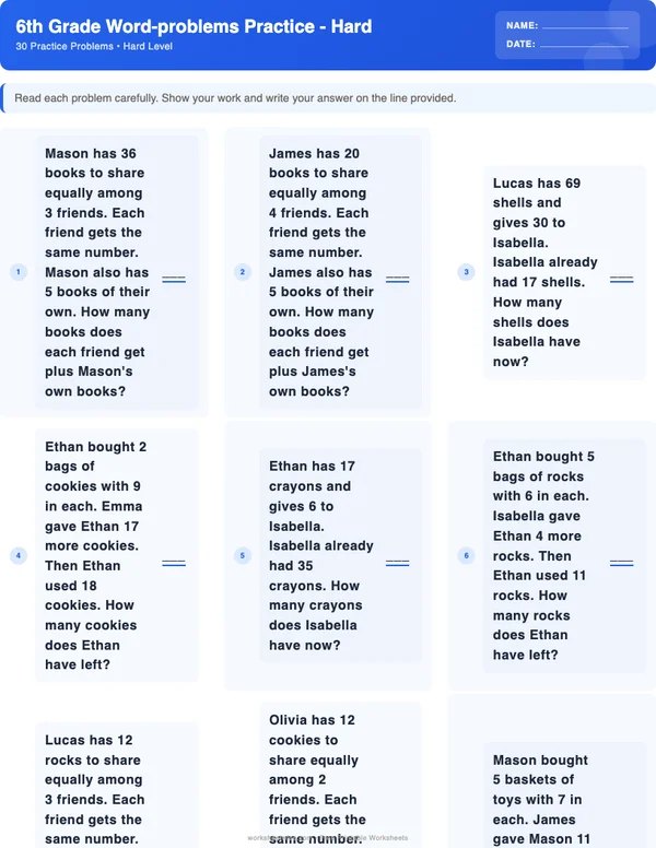 6th Grade Word Problems Worksheets - Standard Theme (Hard)