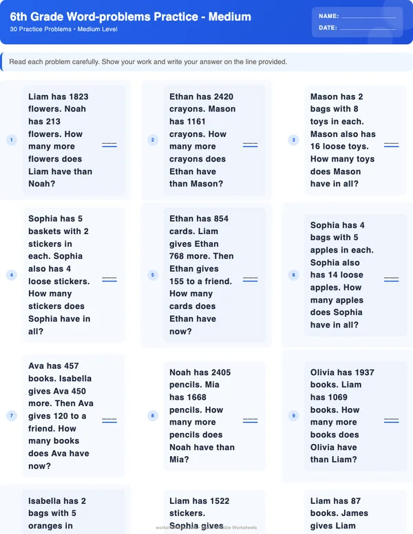 6th Grade Word Problems Worksheets - Standard Theme (Medium)