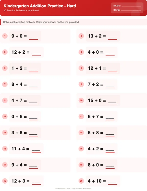 Kindergarten Addition Worksheets - Christmas Theme (Hard)