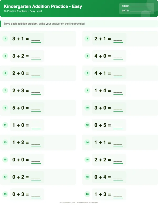 Kindergarten Addition Worksheets - Dinosaur Theme (Easy)