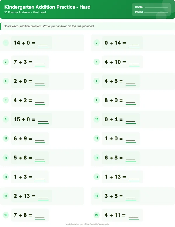 Kindergarten Addition Worksheets - Dinosaur Theme (Hard)