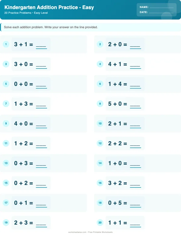 Kindergarten Addition Worksheets - Ocean Theme (Easy)