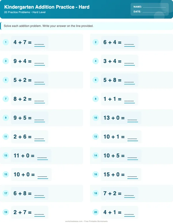 Kindergarten Addition Worksheets - Ocean Theme (Hard)