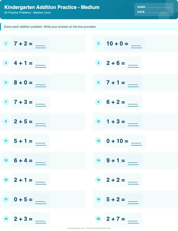 Kindergarten Addition Worksheets - Ocean Theme (Medium)
