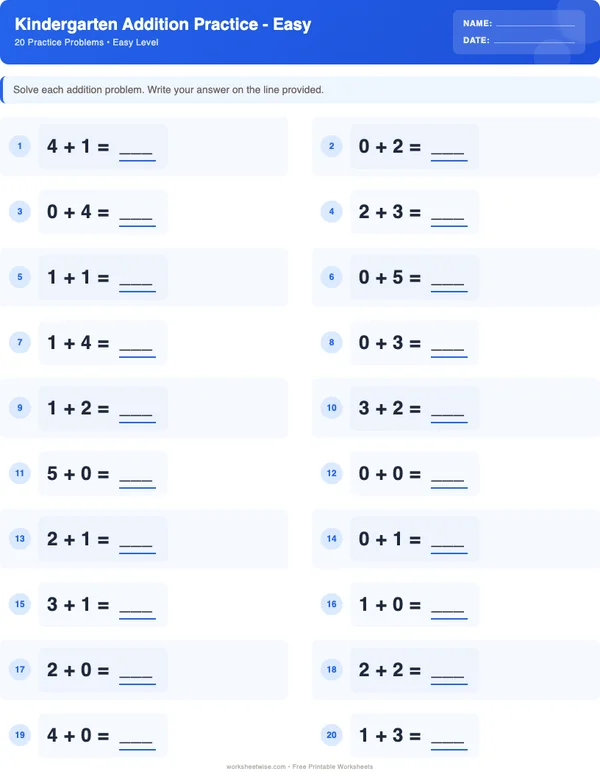 Kindergarten Addition Worksheets - Standard Theme (Easy)