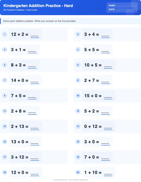 Kindergarten Addition Worksheets - Standard Theme (Hard)