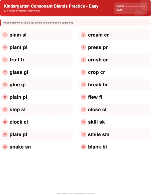 Kindergarten Consonant Blends Worksheets - Christmas Theme (Easy)